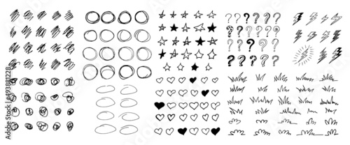 doodle set hand drawn. vector, scandinavian. icon, sticker, decor, design. hearts, stars, circles.