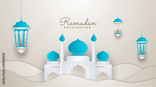 Islamic Ramadan background banner with mosque arabic pattern lantern moon crescent star. Design for Eid Adha, Eid Fitr, Muharram, Mawlid Nabi Prophet, Islamic New Year. Vector illustration.