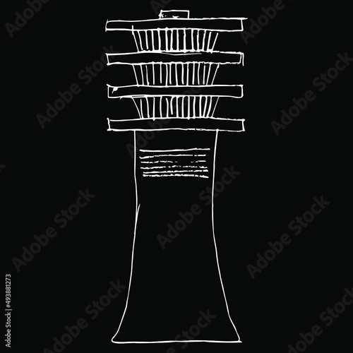 Djed sign. Ancient Egyptian sacred symbol. Hand drawn linear doodle rough sketch. White silhouette on black background.