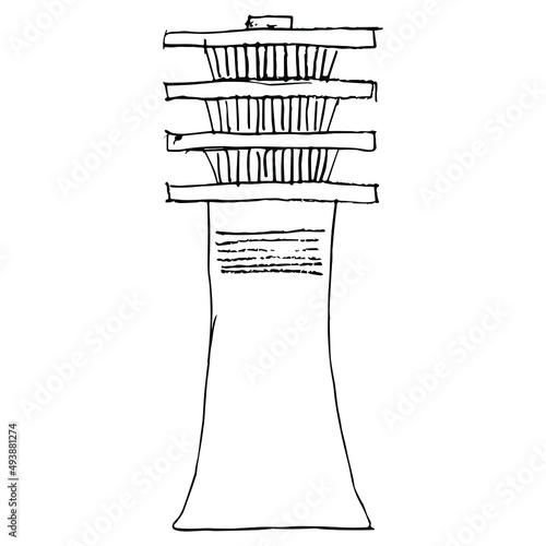 Djed sign. Ancient Egyptian sacred symbol. Hand drawn linear doodle rough sketch. Black silhouette on white background.