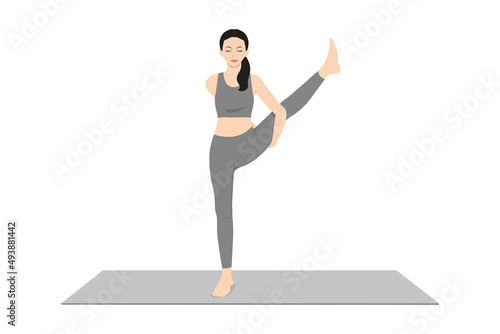 Paradise Bird Pose, Bird of Paradise Pose. Beautiful girl practice Svarga Dvijasana, Svarga Dvidasana. Young attractive woman practicing yoga exercise. working out, black wearing sportswear, grey