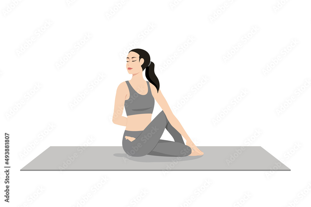 Full Spinal Twist Pose, Seated Spinal Twist. Beautiful girl practice Poorna Matsyendrasana. Young attractive woman practicing yoga exercise. working out, black wearing sportswear, grey pants and top Full Spinal Twist Pose, Seated Spinal Twist. Beautiful girl practice Poorna Matsyendrasana. Young attractive woman practicing yoga exercise. working out, black wearing sportswear, grey pants and top