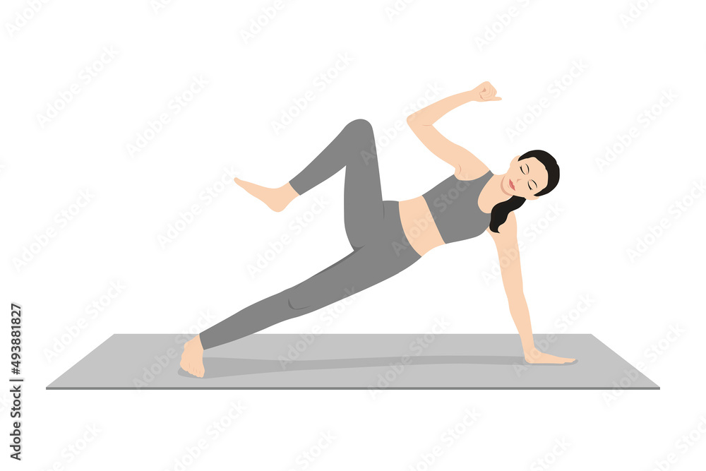 Fototapeta premium Side Plank Pose Crunch. Beautiful girl practice Vasisthasana Crunch. Young attractive woman practicing yoga exercise. working out, black wearing sportswear, grey pants and top, indoor full length,