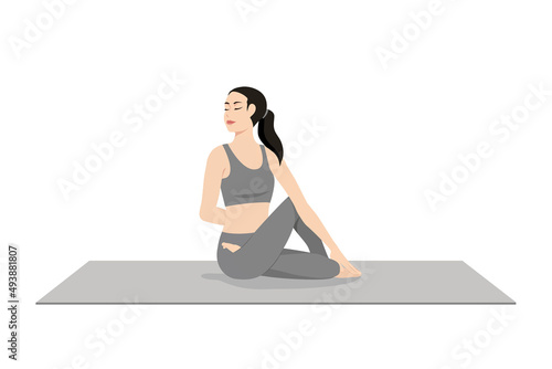 Full Spinal Twist Pose, Seated Spinal Twist. Beautiful girl practice Poorna Matsyendrasana. Young attractive woman practicing yoga exercise. working out, black wearing sportswear, grey pants and top