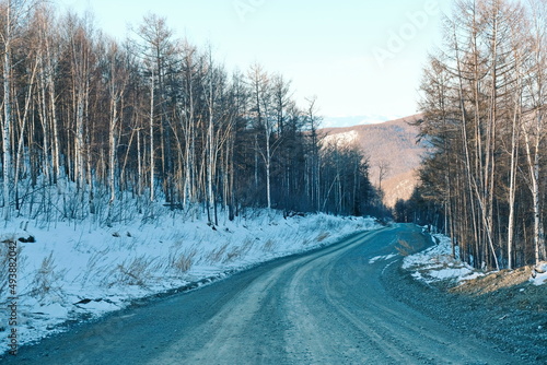 The road along the forest with snow.