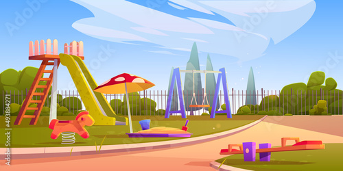 Kids playground at sunny weather, empty children area with slides, sandbox and swings for playing and recreation fun. Park, garden or house backyard, kindergarten field, Cartoon vector illustration