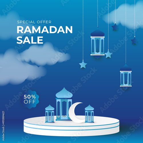 Islamic ramadan kareem sale social media post feed story template. Ramadan square greeting card for promotion marketing with islamic middle east mosque. Vector illustration.