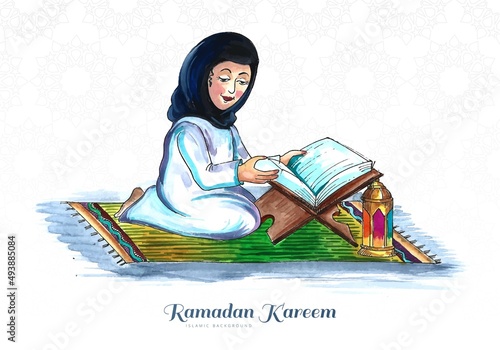 Muslim woman reading quran islamic holy book after praying background