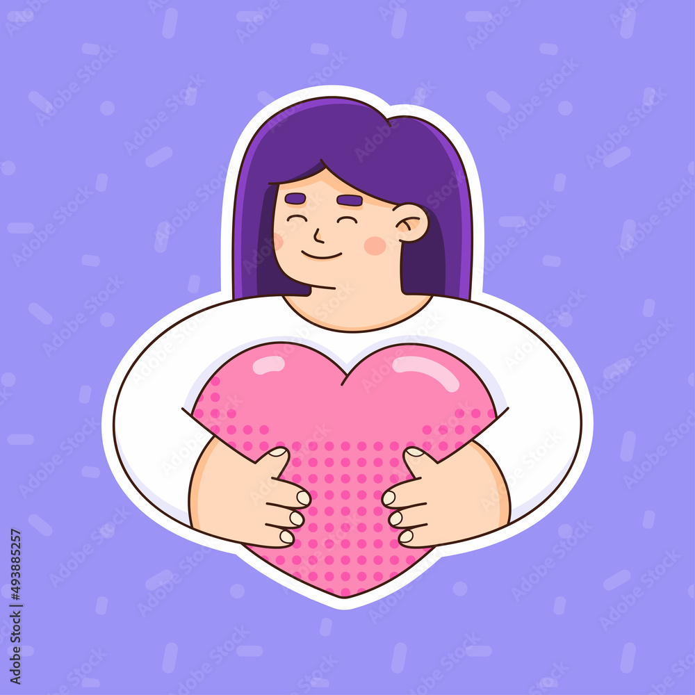 Girl hugs heart. Love day sticker. Heart shape. The concept of love and care Girl hugs heart. Love day sticker. Heart shape. The concept of love and care