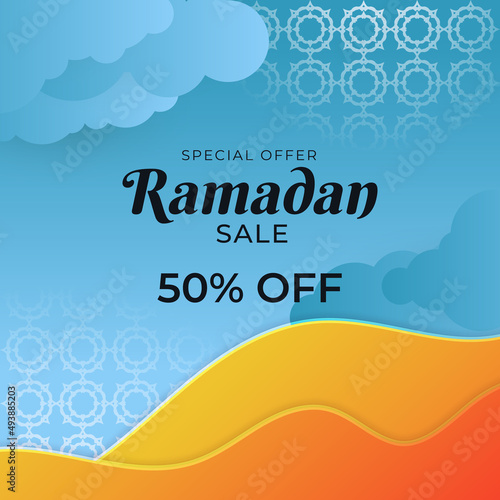 Islamic ramadan kareem sale social media post feed story template. Ramadan square greeting card for promotion marketing with islamic middle east mosque. Vector illustration.