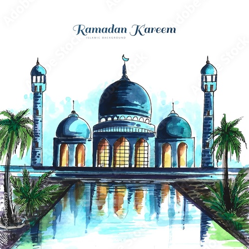 Islamic mosque watercolor landscape ramadan kareem background