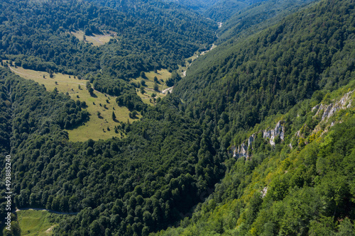Flying above a deep valley and deciduous forest by drone