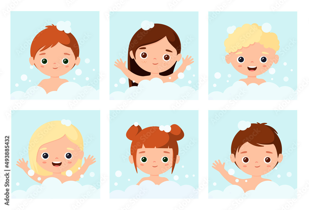 A set of funny kids in soap suds. Cartoon design.
A set of funny kids in soap suds. Cartoon design.