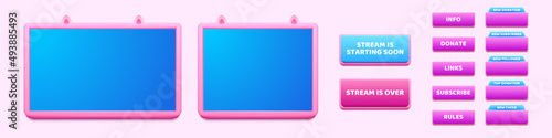 Live streaming background, online multimedia player windows and buttons. User interface pink and blue colors. Social media channel, video blogging broadcasting live stream, Cartoon vector illustration