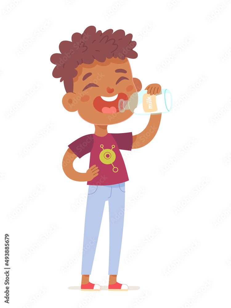 Happy kid drinking milk for body strength and growth vector illustration. Cartoon cute little boy holding glass in hand to enjoy fresh healthy drink on breakfast or dinner at home isolated on white Happy kid drinking milk for body strength and growth vector illustration. Cartoon cute little boy holding glass in hand to enjoy fresh healthy drink on breakfast or dinner at home isolated on white