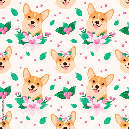Seamless pattern with corgi and flowers. Cartoon design.
