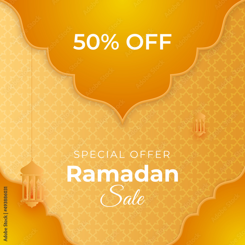 Islamic ramadan kareem sale social media post feed story template. Ramadan square greeting card for promotion marketing with islamic middle east mosque. Vector illustration.