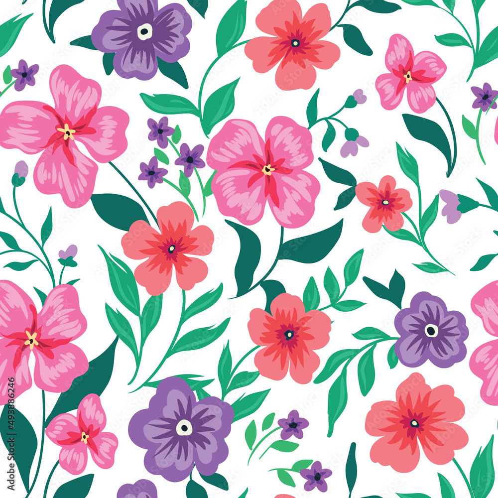 Cute floral print with pink flowers, various leaves, twigs on a