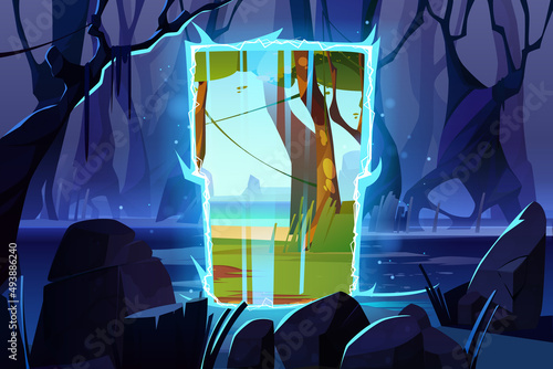 Dark night forest with magic portal to alien world with green grass and river. Vector cartoon fantasy illustration of deep wood landscape with tree trunks, swamp and mystic gates with blue glow