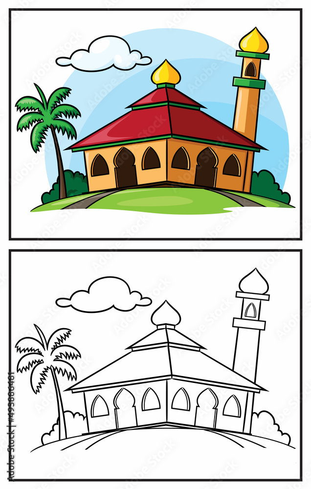 Coloring book cute mosque. Coloring page and colorful clipart character. Vector cartoon illustration.