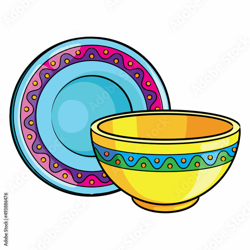 Colorful bowl and plate cartoon. photo