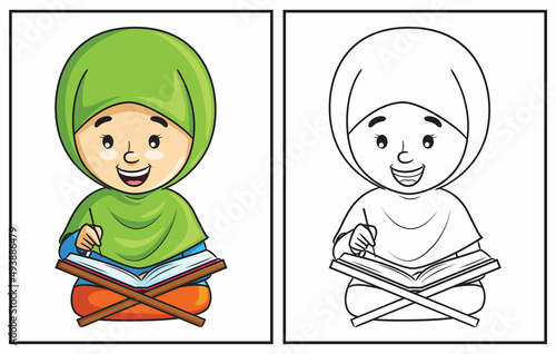 Coloring book cute girl reading Quran. Coloring page and colorful clipart character. Vector cartoon illustration.