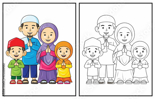 Coloring book cute happy muslim family. Coloring page and colorful clipart character. Vector cartoon illustration.