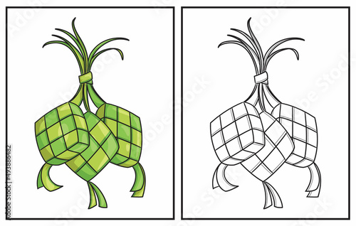 Coloring book cute ketupat. Coloring page and colorful clipart character. Vector cartoon illustration.