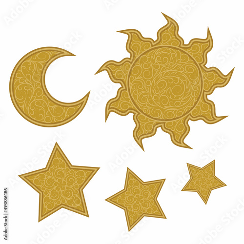 Sun moon star illustration with ornament inside. photo