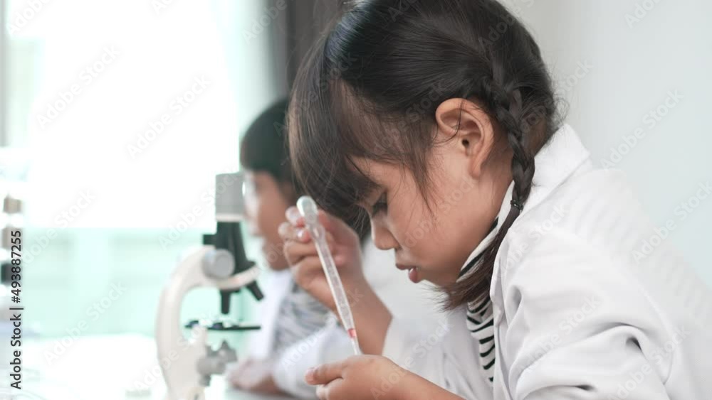 Slow motion shot, Selective focus, little girl use dropper liquid on plate test, Two asian siblings wearing coat learning experimenting with liquids, while studying science chemistry Slow motion shot, Selective focus, little girl use dropper liquid on plate test, Two asian siblings wearing coat learning experimenting with liquids, while studying science chemistry
