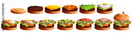 Burger cooking stages. Hamburger layers with bun, beef patty, cheese, egg and vegetable slices. Vector cartoon set of steps of making fastfood with bacon, tomato, sauces and lettuce