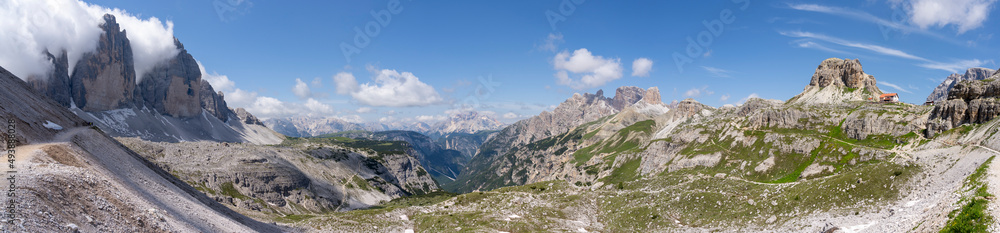 Amazing view of the wonderful 3 Cime di Lavaredo from the hiking trail. Dolomites in Italy. Wonderful nature contest. Alpine landscape. Western Alps. summer time