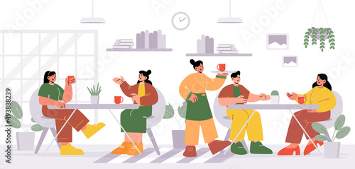 People visiting cafe, men and women sitting at tables drinking beverages, communicate and meet with friends. Visitors relax in coffee shop with waitress serve clients, Line art vector illustration