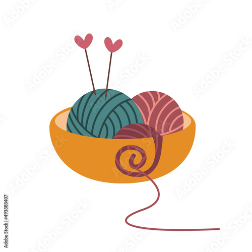 Сolorful wool yarn ball and knitting needles in a yarn bowl. Vector flat illustration, isolated, cartoon, clipart.