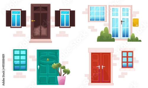 Cartoon doors and windows, house facades in modern or classic style. Wood and glass entries with stone doorjambs at brick wall. Cottage, hotel exterior architecture design Line art vector illustration