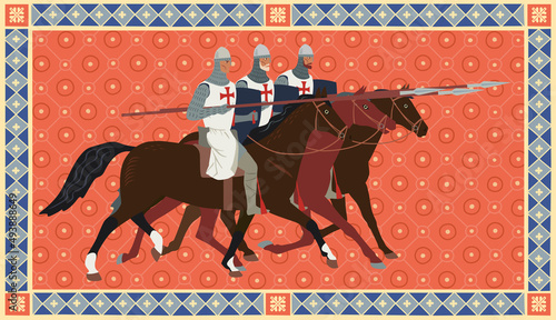 Knights on a decorative background. Three Templars are galloping on horseback. Book miniature style