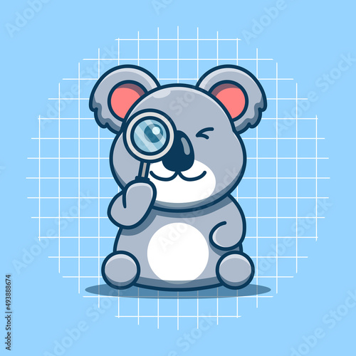 Cute koala looking with a magnifying glass vector illustration. Flat cartoon style.