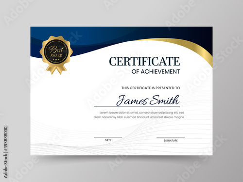 Certificate Of Achievement Template Layout In White And Blue Color.