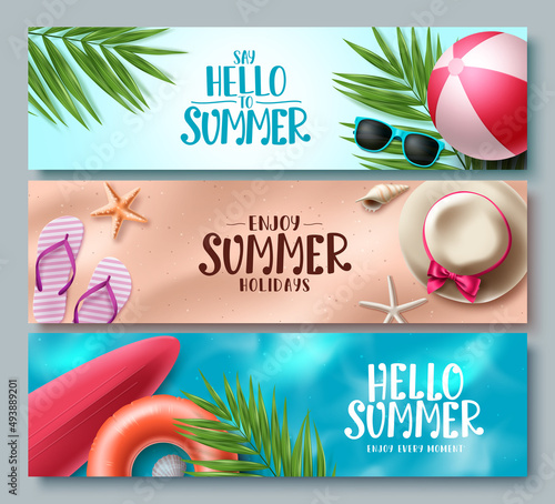 Summer vector banner set design. Hello summer collection with beach elements for tropical season background. Vector illustration. 
