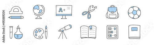 Set school doodle icons protractor, pencil, globe, excellent test result on pc. Scissors, backpack, soccer ball and chemical beakers, paints, telescope, textbook, abacus Line art vector illustration