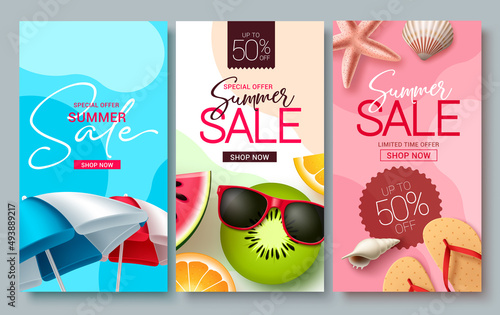 Summer sale vector poster set design. Summer promo discount collection with beach elements for tropical season advertising background. Vector illustration.
