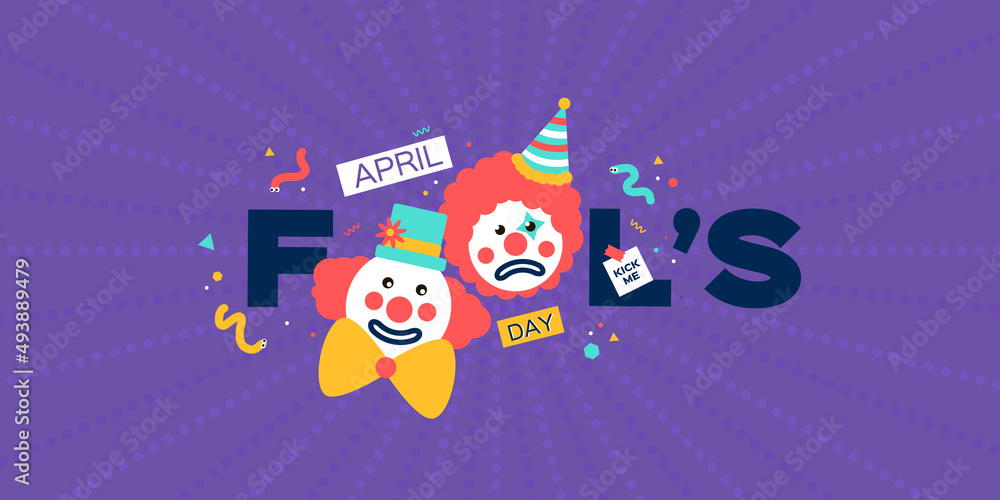Fototapeta premium April Fools Day with Clown Character in flat cartoon style. April 1. Present box. Fools' Day Poster. Funny spring holiday.