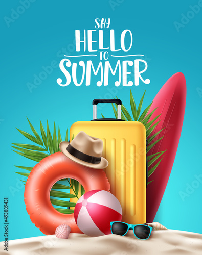 Summer vector poster background design. Hello summer greeting text with beach elements like luggage, floater, and surfboard for travel outdoor decoration. Vector illustration.
