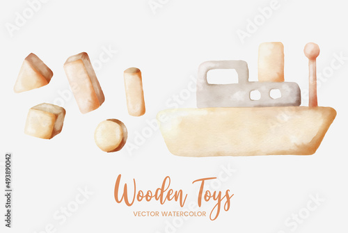 block shape and ship wooden toys watercolor set collection art graphic design illustration