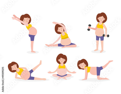 Set of happy pregnant woman with exercising. Prenatal exercise healthy lifestyle concept. pregnancy sport fitness. people flat style cartoon character design Vector illustration isolated background