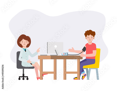 Doctor measuring patient blood pressure. Checking arterial blood pressure digital device tonometer. Monitoring health. Healthy concept.flat cartoon character design isolated vector illustration