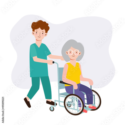 Nurse man on a walk with disabled grandmother in a wheelchair. Caring for elderly. Old woman Patient. Medicine staff. Healthcare concept. flat cartoon character design isolated illustration vector