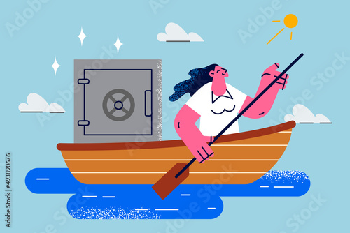 Smiling businessman in ship escape with money