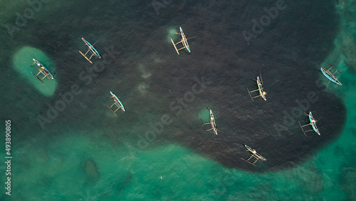Aerial view of boats of fishermen fishing in the ocean