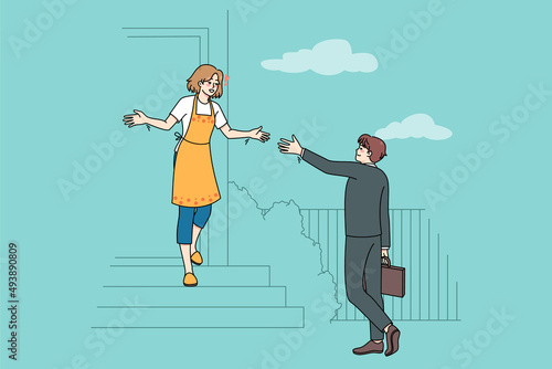 Happy woman stand on stairs meet husband coming home from work. Smiling housewife welcome man lover in own beautiful house. Couple and family relationship. Vector illustration. 